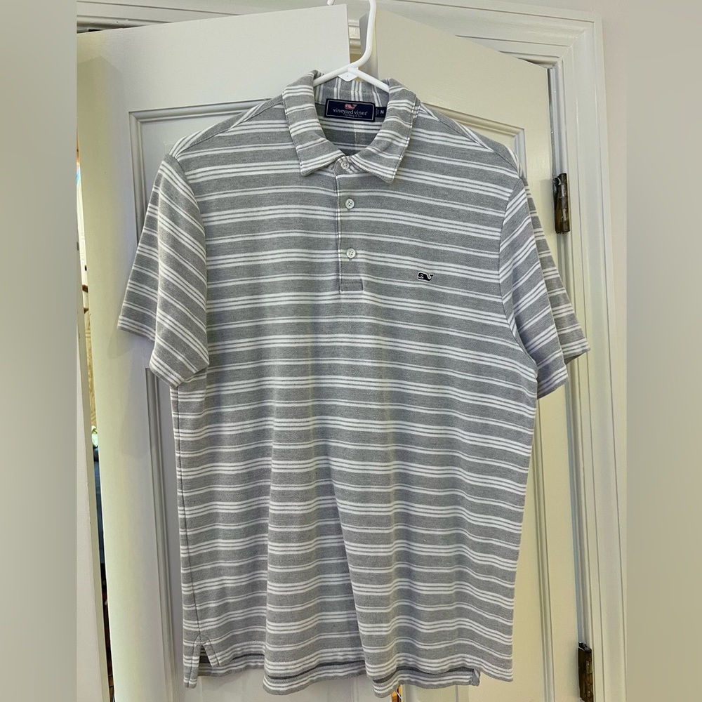 Vineyard Vines Men’s Striped Polo Gray and White Size M